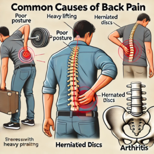 Illustration showing common causes of back pain, including poor posture, heavy lifting, herniated discs, and arthritis.
