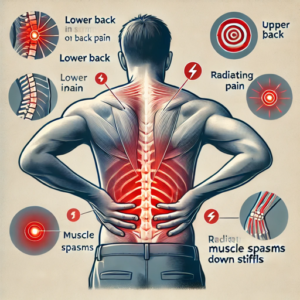 Illustration showing symptoms of back pain, including localized pain, radiating pain, muscle spasms, and stiffness.