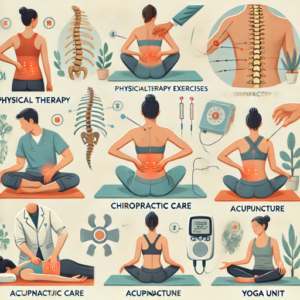 Illustration showing various treatment options for back pain, such as physical therapy, chiropractic care, acupuncture, yoga poses, and TENS unit.