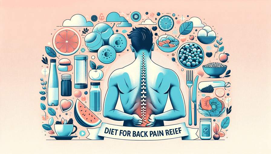 A blog banner featuring a person experiencing back pain, healthy foods, and a water bottle, with text 'Diet for Back Pain Relief: Your Comprehensive Guide' on a calming pastel background.