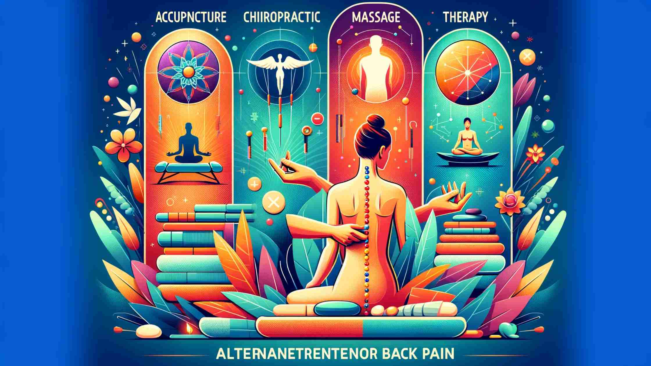 Collage of alternative treatments for back pain including yoga, Pilates, meditation, herbal remedies, and physical therap