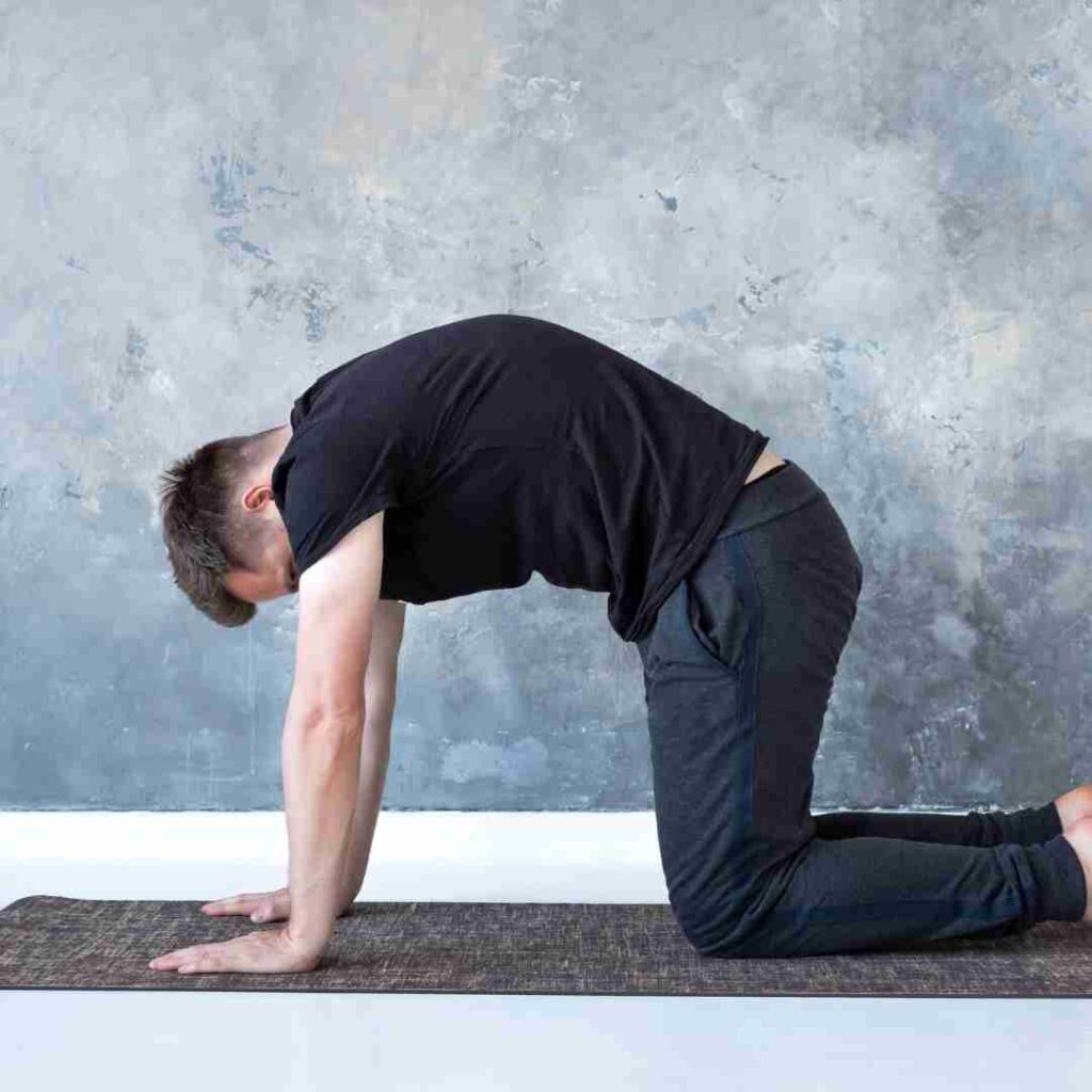 men doing Yoga Cat Pose (Marjari Asana) on yoga mat at home