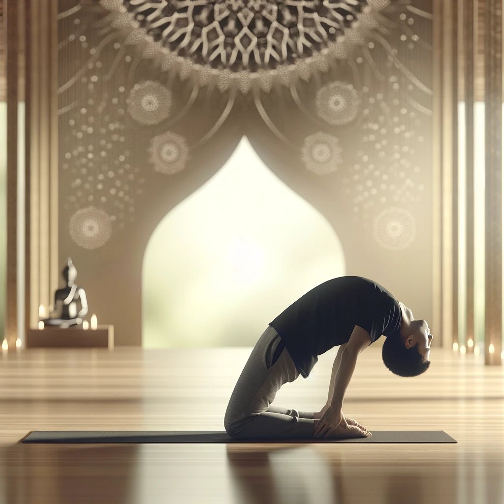 Person practicing Bridge Pose Setu Bandhasana on yoga mat in serene setting