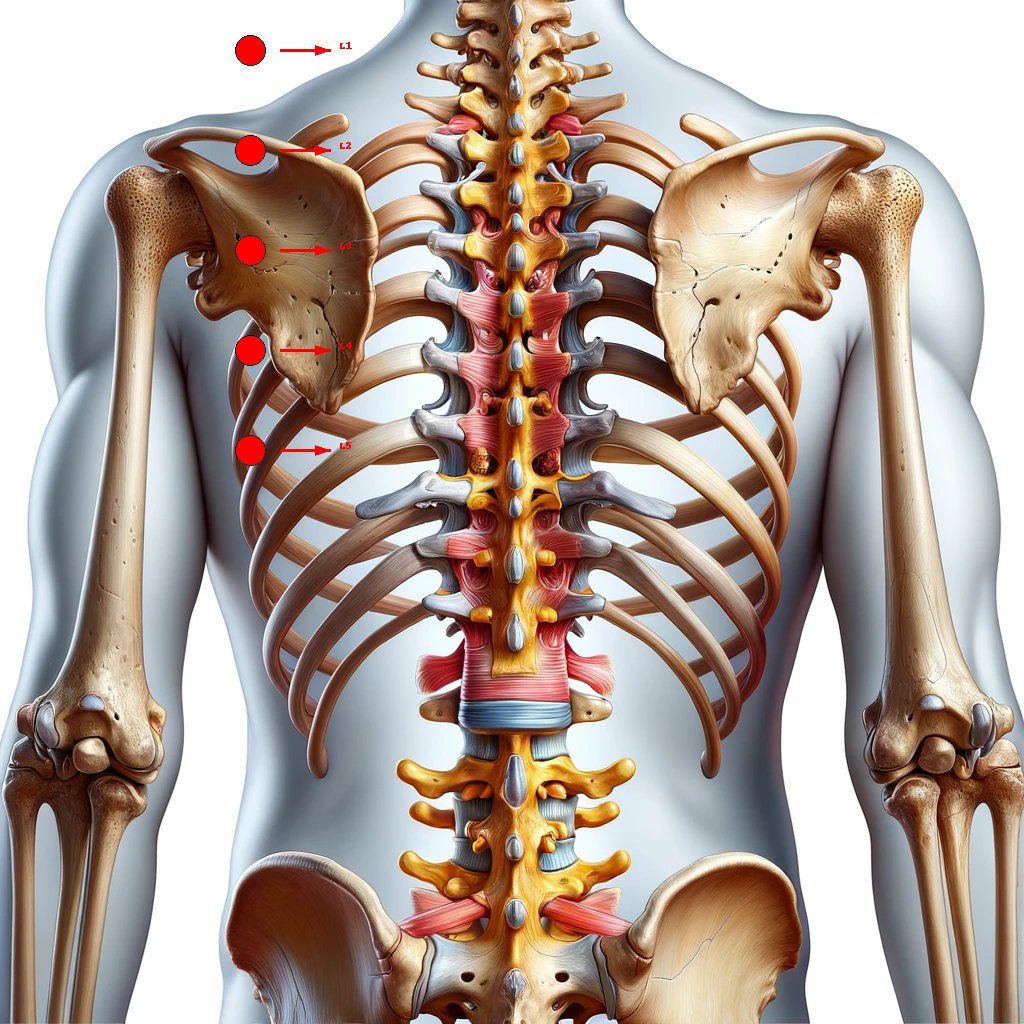 Diagram showing lumbar vertebrae L1 to L5 with labeled points and arrow