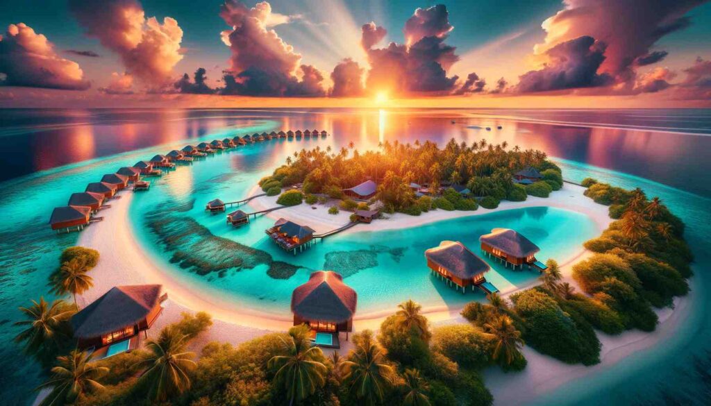 Here is an image of the Maldives, capturing its stunning beauty with turquoise waters, white sandy beaches, and the distinctive overwater bungalows.