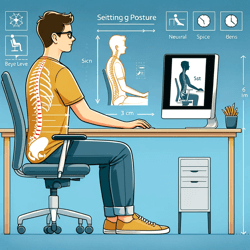 shows a person seated at a desk in a home office setting, with the desktop screen positioned parallel to their eye level. This alignment is crucial for maintaining a neutral spine position. The person is depicted sitting upright with their back straight, shoulders relaxed, and feet flat on the ground, demonstrating an ideal ergonomic posture for back health.