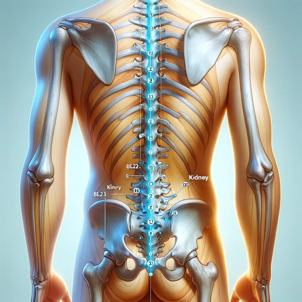 BL23 (Kidney Shu) - The illustration depicts the location on the lower back, near the second lumbar vertebrae on either side of the spine.