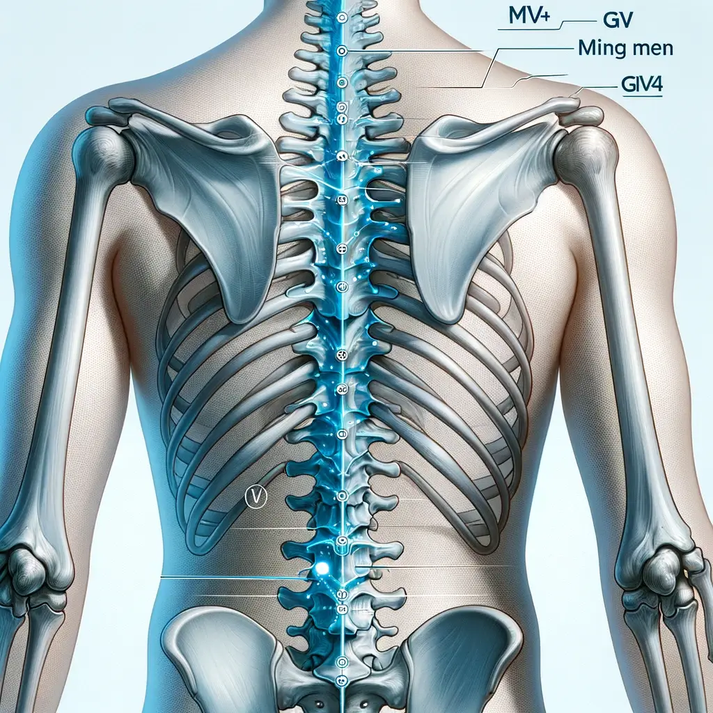 GV4 (Ming Men) - This image shows the location on the lower back, highlighting the point between the second and third lumbar vertebrae