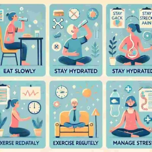 Informative illustration depicting prevention tips for avoiding gas-related back pain, such as eating slowly, staying hydrated, exercising regularly, and managing stress through meditation.