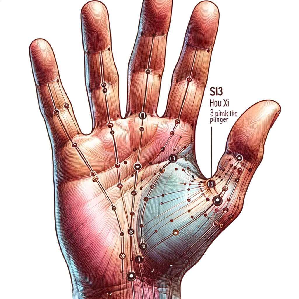 SI3 (Hou Xi) - This image highlights the point on the edge of the hand, just below the pinkie finger.