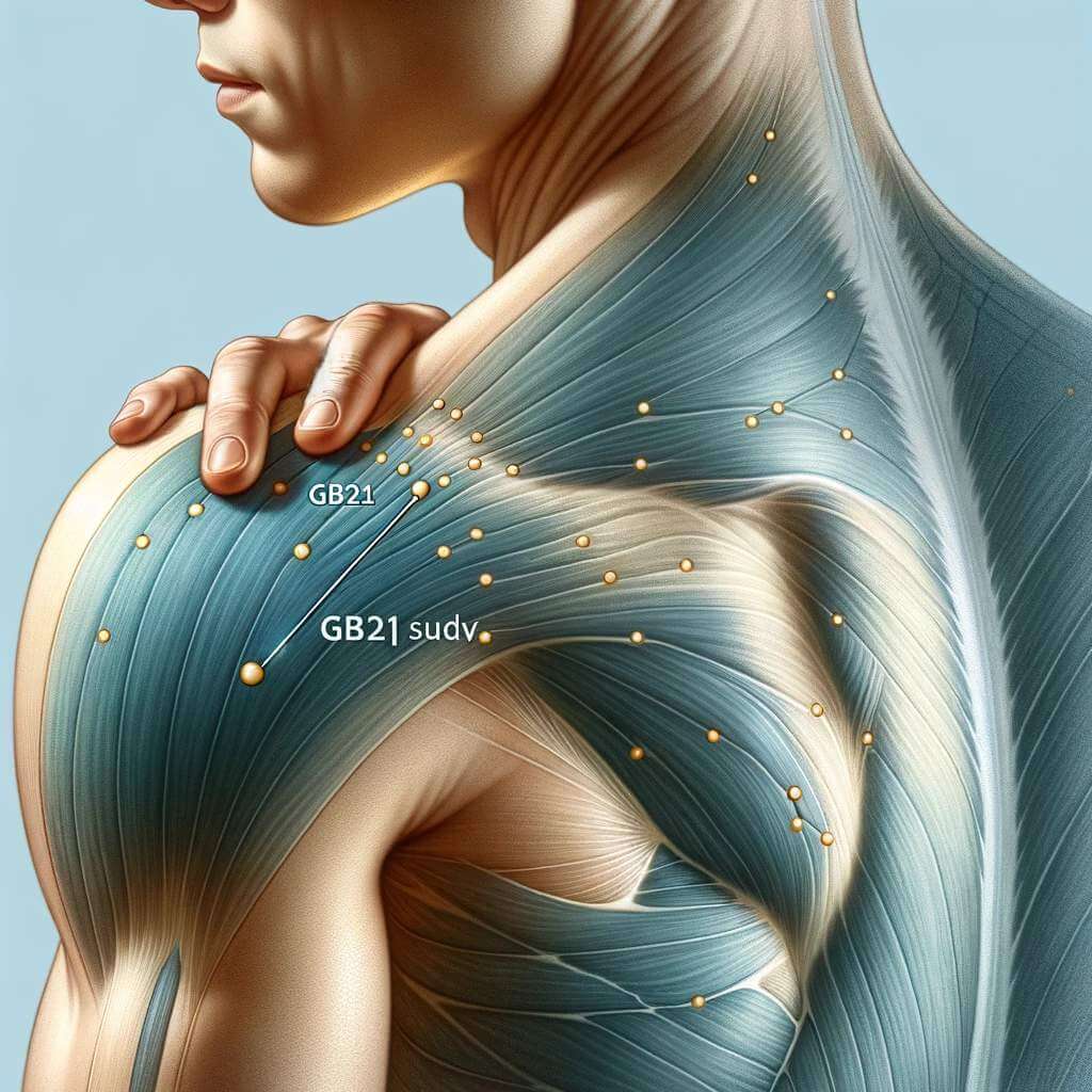 GB21 (Jian Jing) - The location on the shoulder, midway between the neck and the end of the shoulder blade, is shown in this illustration.