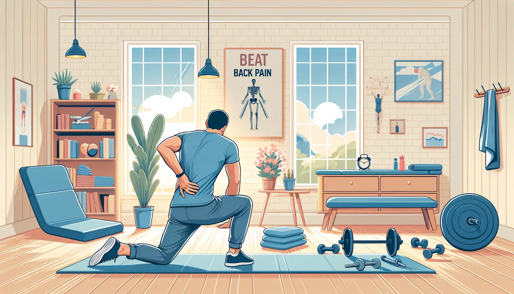 An encouraging illustration of a person performing physiotherapy exercises for lower back relief, featuring exercise equipment in a calm and supportive environment, symbolizing hope and progress in overcoming back pain.