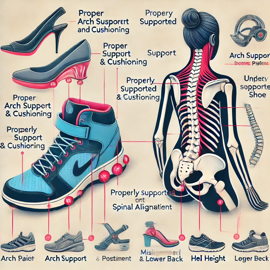 Comparison of the best shoes for back pain showing the impact on posture and spinal alignment, highlighting the importance of arch support and cushioning for reducing back pain.