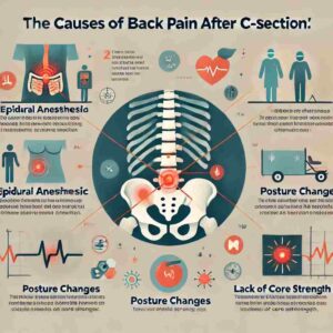 Infographic illustrating the causes of back pain after C-section, highlighting key factors such as epidural anesthesia, posture changes, surgical trauma, and lack of core strength.