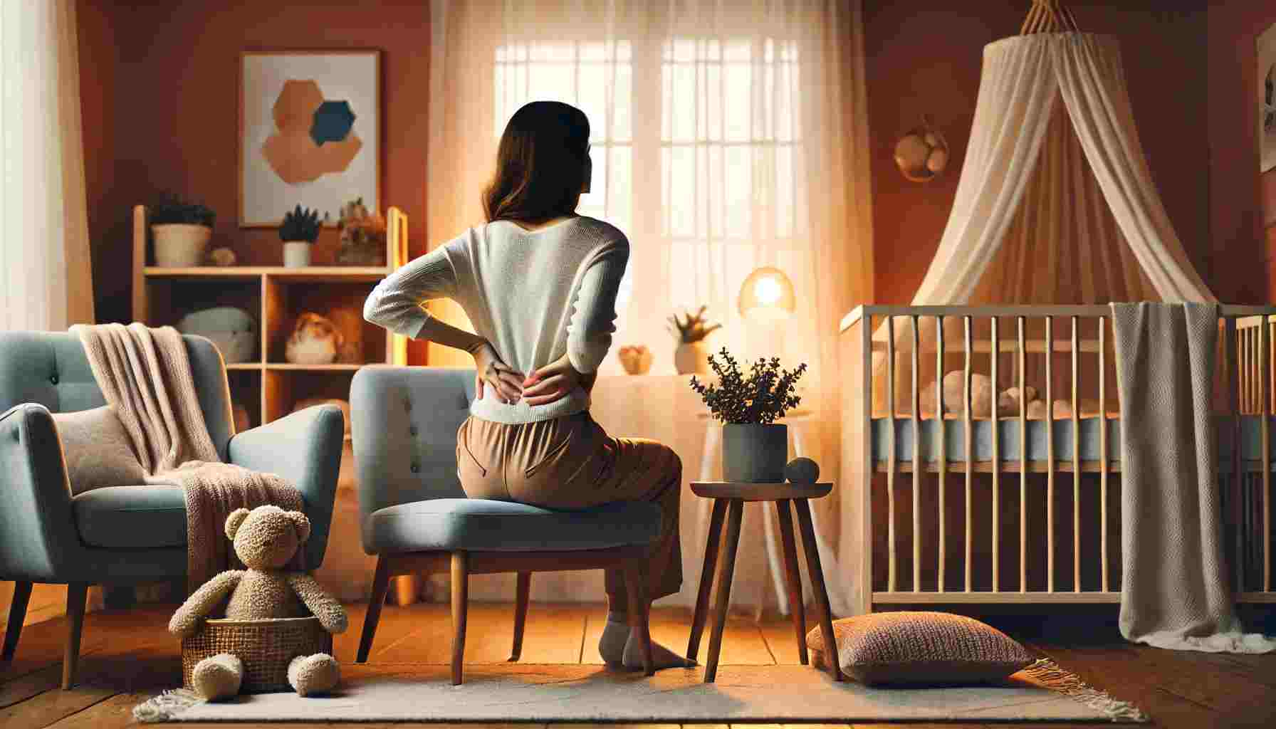 A new mother experiencing back pain after C-section while sitting in a cozy home environment.