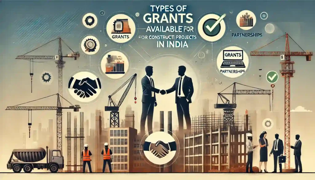 Banner showing types of grants available for construction projects in India with construction site background and icons representing various grants.