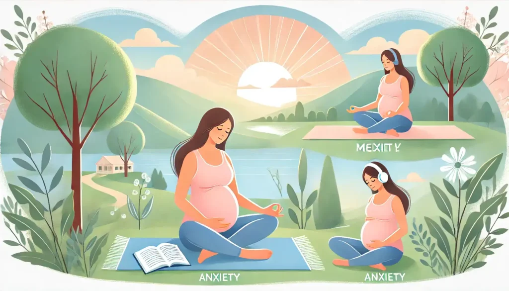 A serene landscape showing a pregnant woman practicing coping strategies for anxiety, such as prenatal yoga, meditation, and engaging in relaxing activities like reading and listening to music, set against a calm background