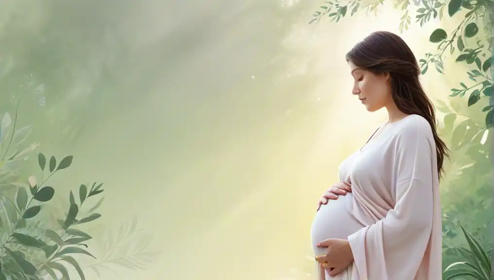 A calming scene featuring a pregnant woman gently holding her belly in a peaceful, natural setting with soft sunlight filtering through greenery, representing tranquility and mindfulness during pregnancy.