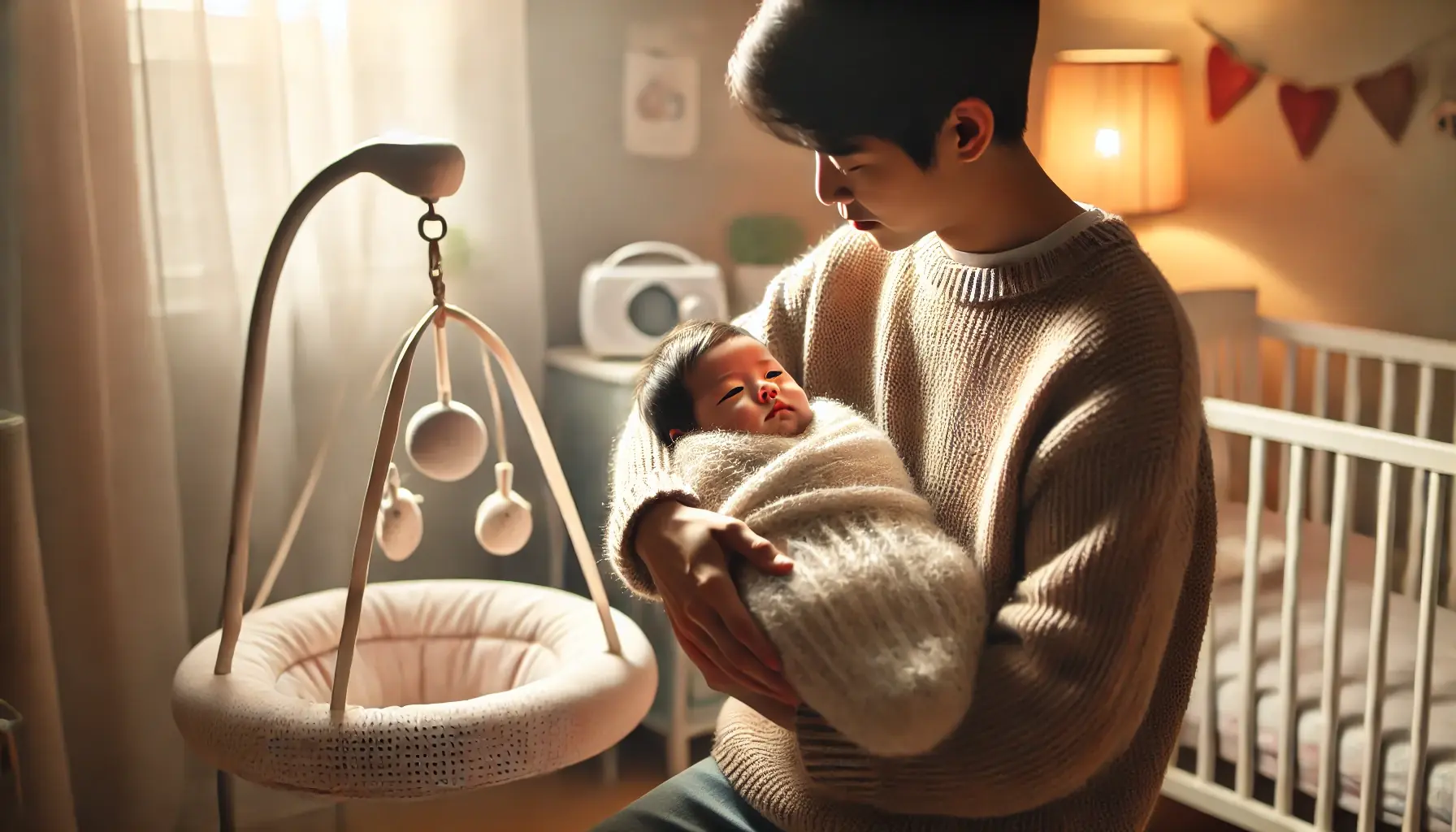 A parent gently rocking a swaddled infant in a cozy nursery to soothe colic, with white noise and baby swing visible in the background.