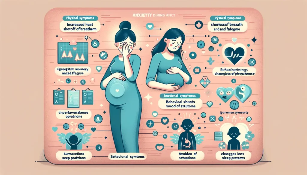 An infographic illustrating the symptoms of anxiety during pregnancy, including physical symptoms like increased heart rate, emotional symptoms like persistent worry, and behavioral symptoms like avoidance of situations. 