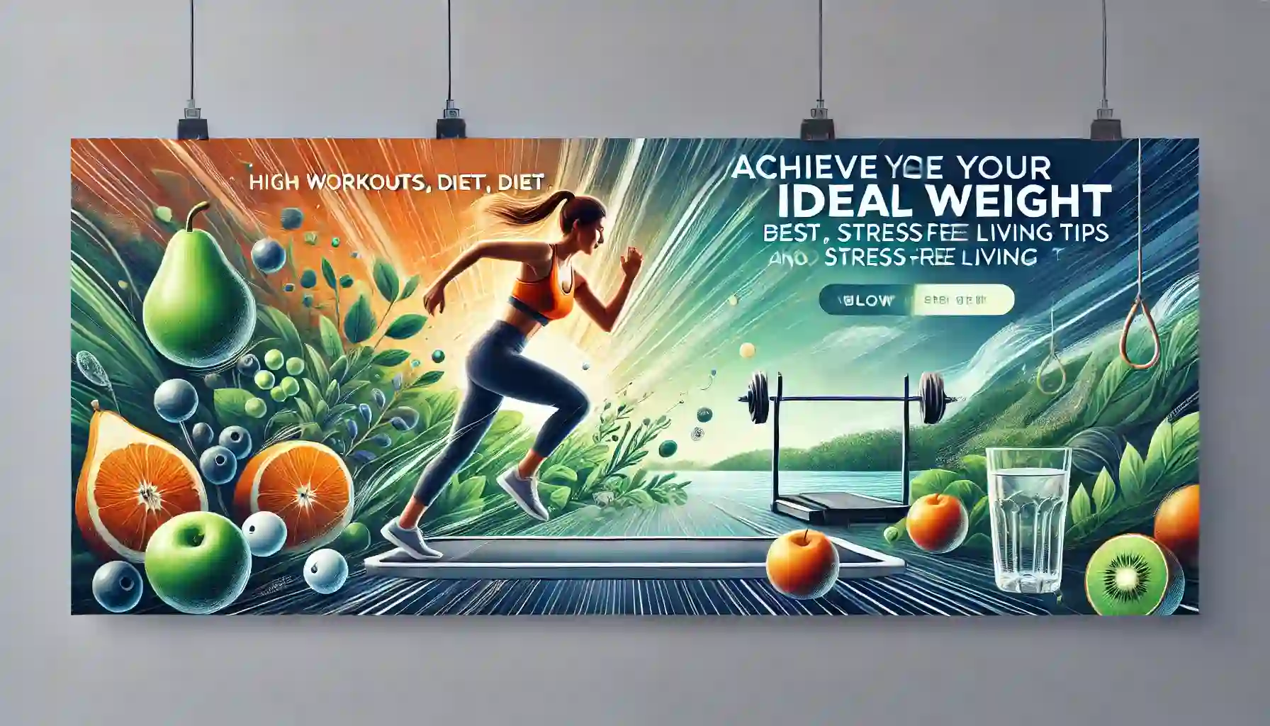 image showing an energetic person doing high-intensity interval training, with fresh fruits, vegetables, and water representing healthy eating, and a calming nature background symbolizing stress-free living.