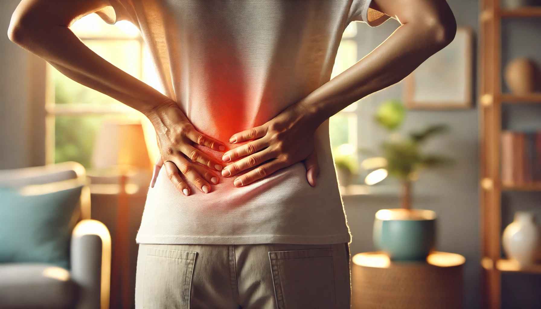 A person holding their lower back in pain, symbolizing arthritis back pain, with a serene background that highlights the journey from discomfort to relief through proper management.