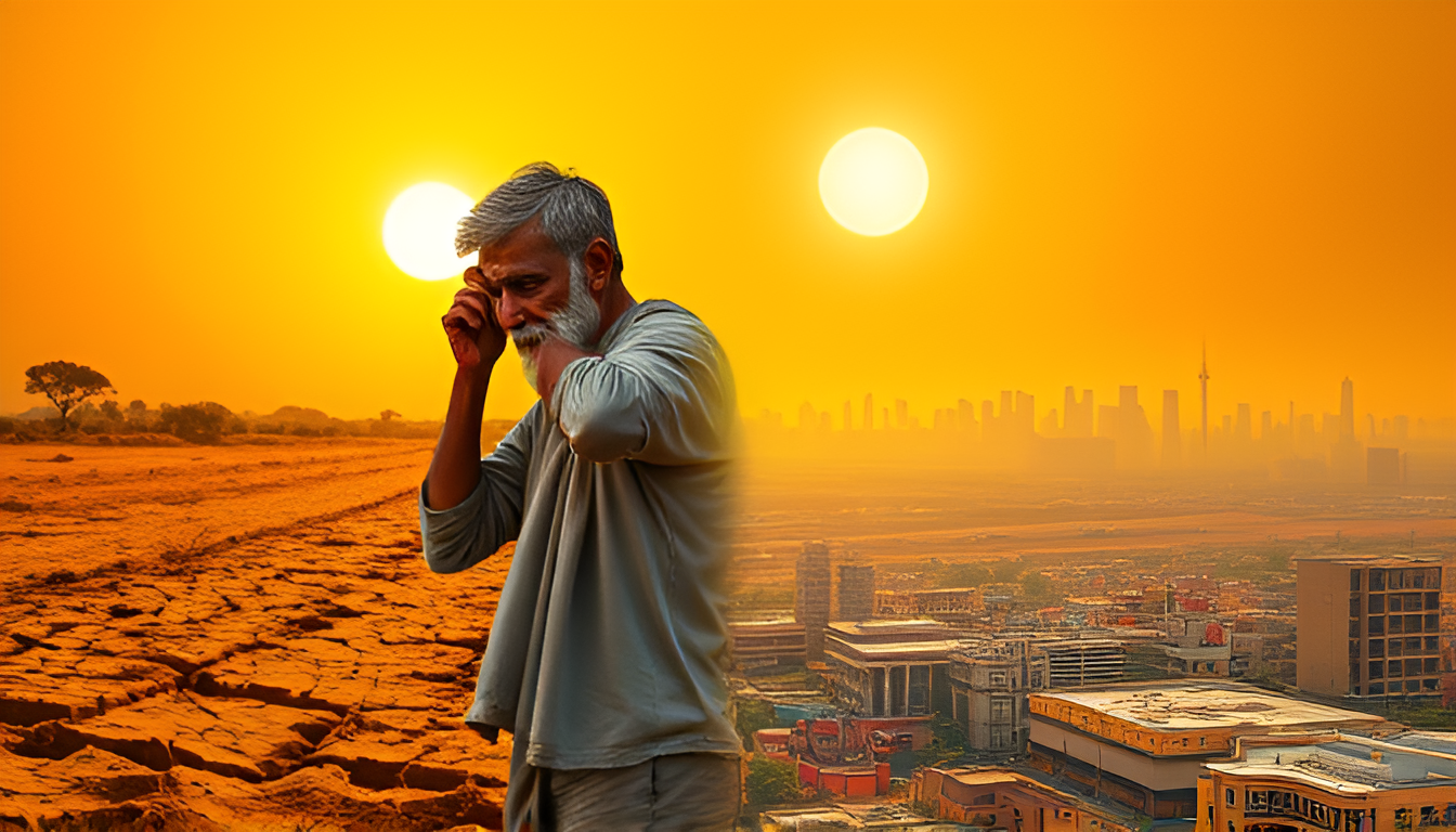 Rising temperatures in India illustration showing cracked rural farmland with withered crops and a hazy urban cityscape (Delhi or Mumbai) under a scorching sun, symbolizing the effects of climate change