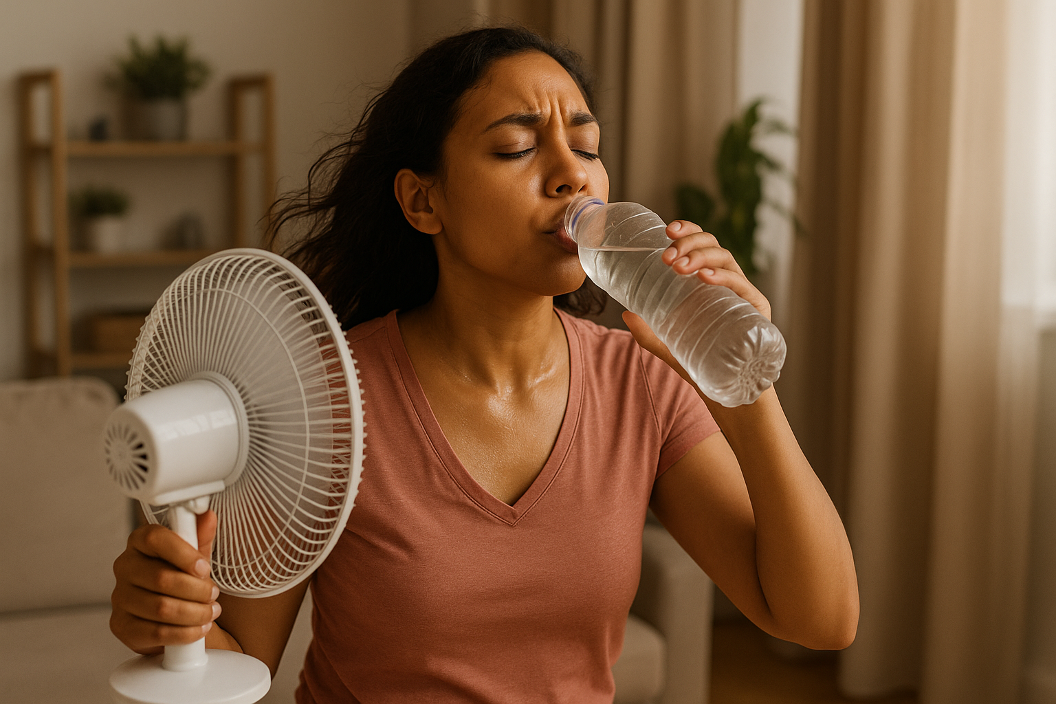 A women staying cool and Safe during a heatwave by drinking water and using a fan to prevent heatstroke and stay safe in extreme temperatures