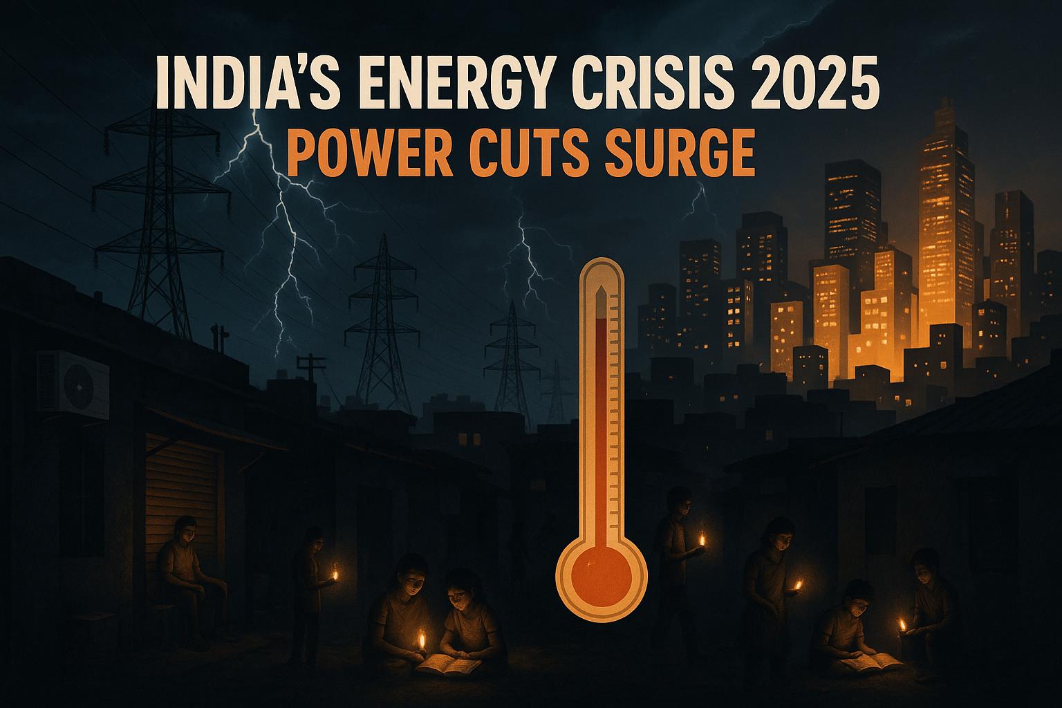 A dramatic digital illustration of an Indian city during a widespread power cut at night. Half the skyline is brightly lit with skyscrapers and homes glowing, while the other half is in complete darkness, showing the stark contrast of a power outage. In the dark area, people are holding candles or mobile flashlights, children are studying in dim light, and shopkeepers are waiting without electricity. The sky has lightning bolts and power lines, symbolizing the energy crisis. Include visual elements like electric towers, air conditioners, and a large thermometer showing extreme heat, with a bold headline overlay: 'India’s Energy Crisis 2025: Power Cuts Surge'.”