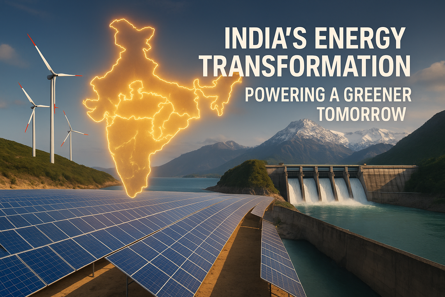 Realistic image of India’s energy transformation showing a solar farm in Rajasthan, wind turbines on coastal hills, and a hydropower dam in the Himalayas, with a glowing map of India in the background and bold text reading “India’s Energy Transformation – Powering a Greener Tomorrow.”