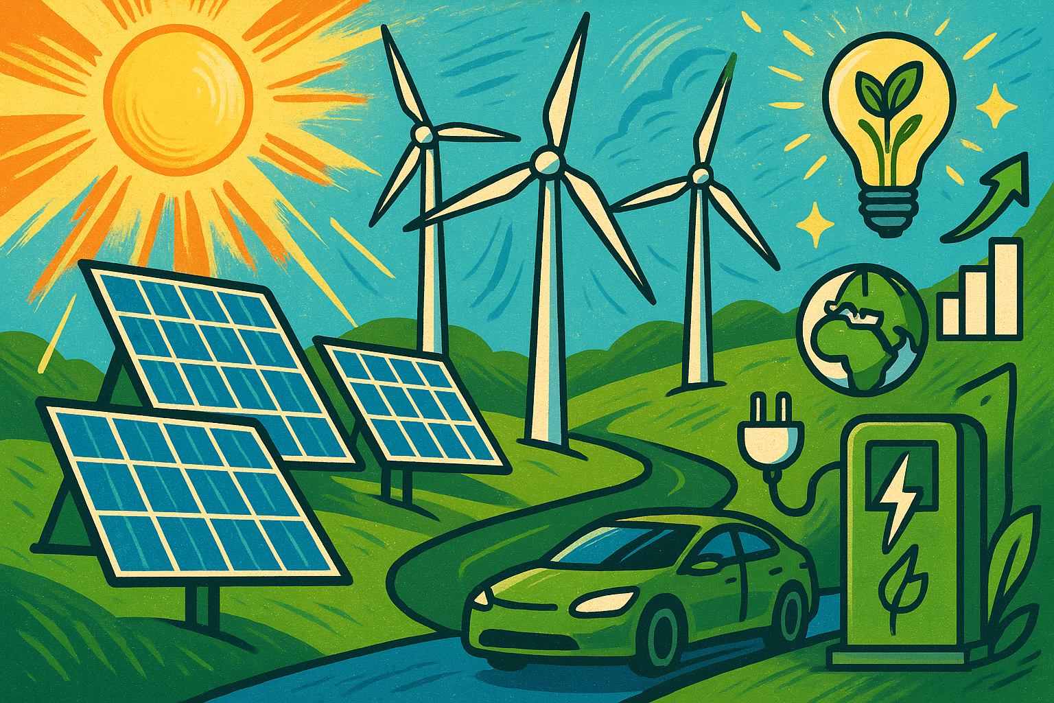 Green Energy Revolution 2025 banner with solar panels, wind turbines, and clean technology icons symbolizing global renewable energy growth and sustainability