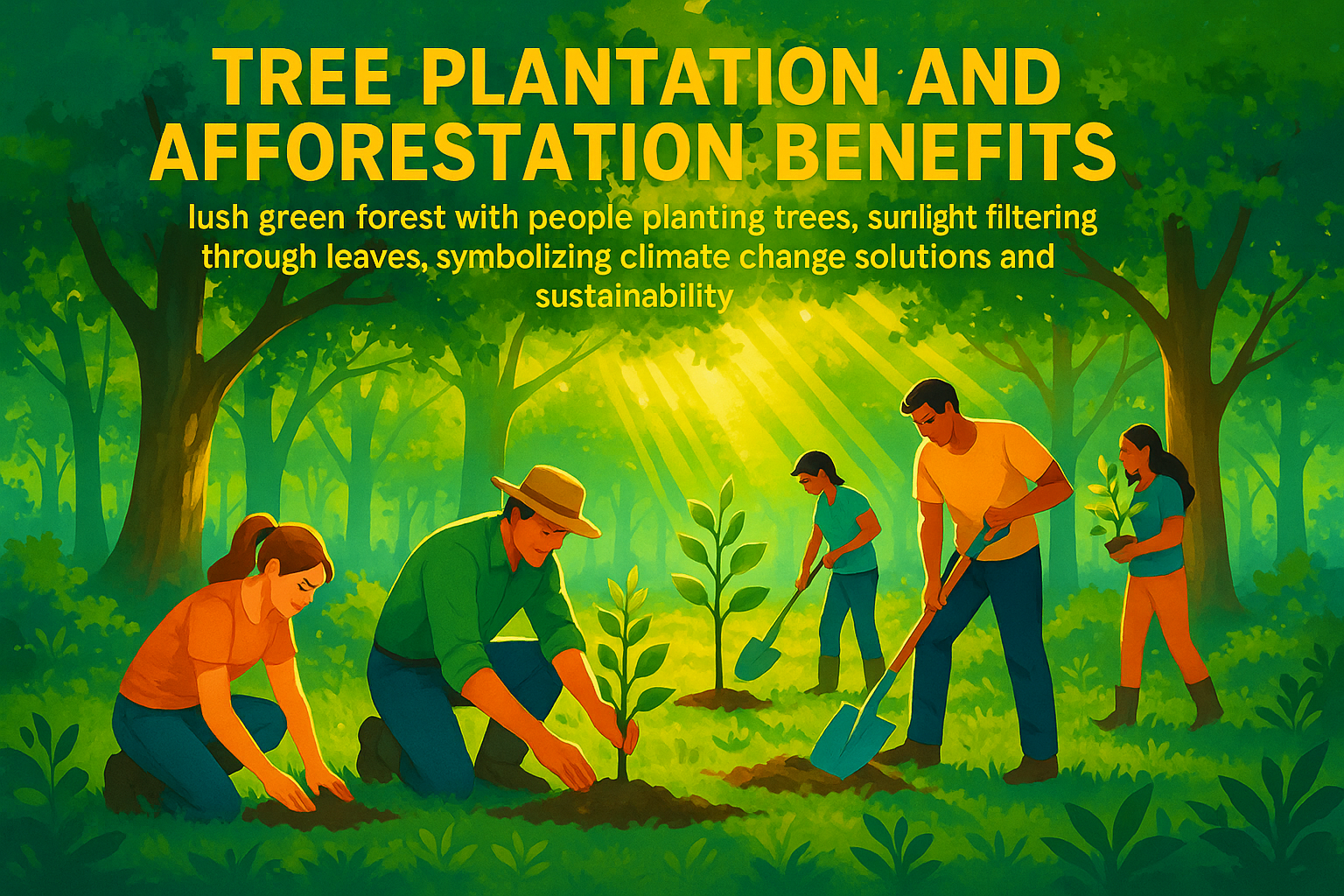 βVolunteers planting trees in a green forest under warm sunlight, representing tree plantation and afforestation benefits for a sustainable planet.