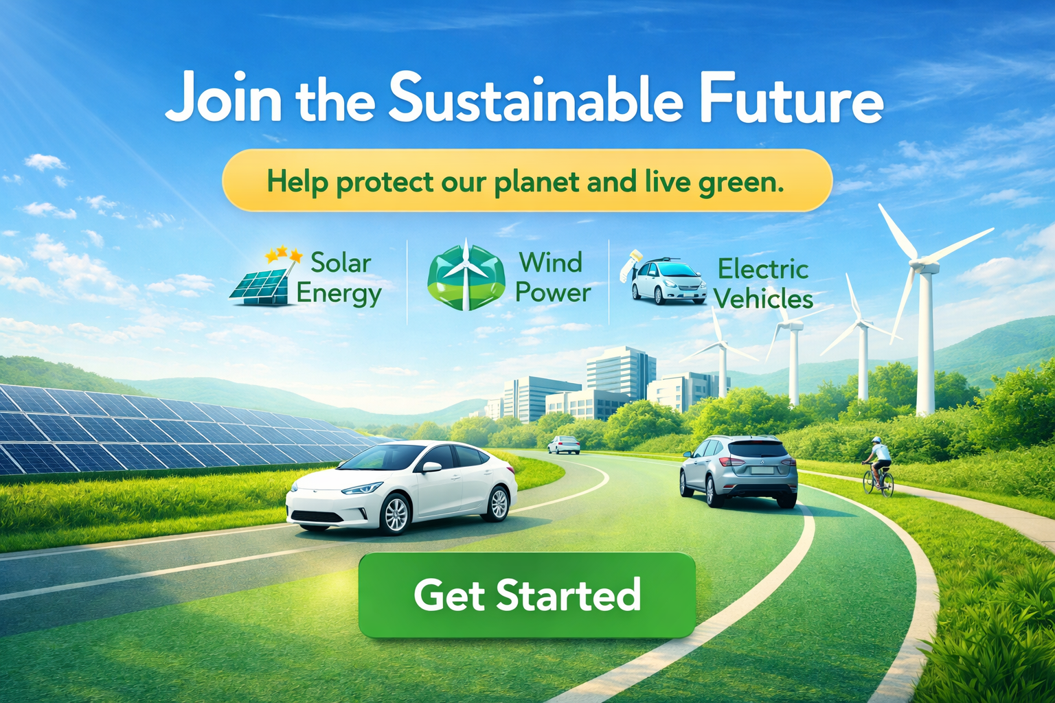 Vibrant climate tech hero banner showing solar panels ☀️, wind turbines 🌬️, electric vehicles 🚀, and AI data centers cutting CO2 emissions 📉 for net-zero future. 🌍💚