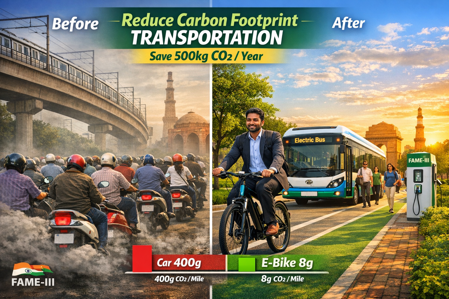 "Delhi traffic transformation: Scooter jam vs e-bike EV metro future - reduce carbon footprint transportation 90% with FAME-III"